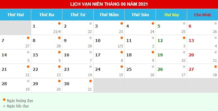 Lịch xem ngày nhập trạch tháng 6 năm 2021